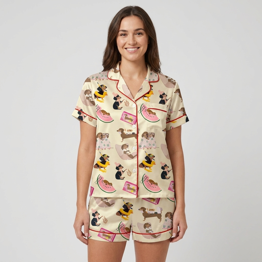Dachshund Summer Day Women's Pajama Set - Beige short sleeve and shorts