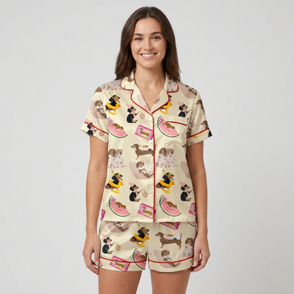 Dachshund Summer Day Women's Pajama Set - Beige short sleeve and shorts