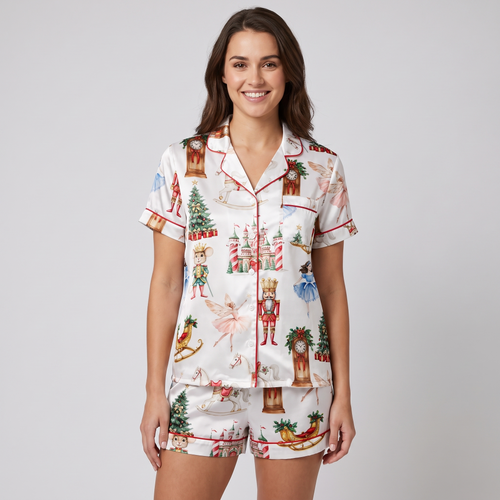 Nutcracker Castle & Sleigh Women's Pajama Set - short sleeve and shorts