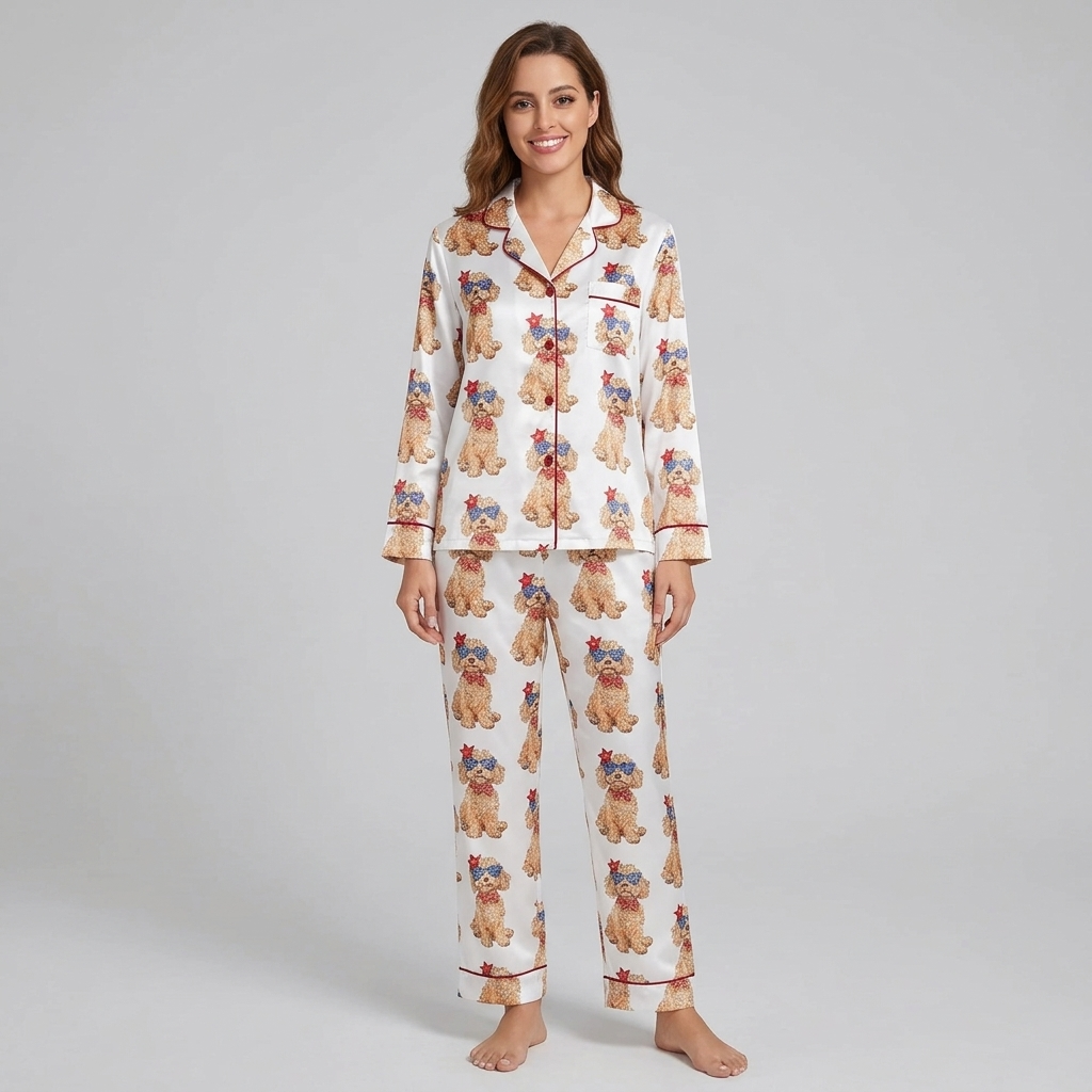Women's satin pajama set with Goldendoodles in star sunglasses and red bandanas on white with red piping - long sleeve and pants