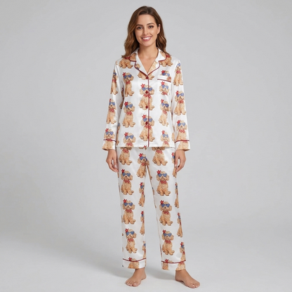 Women's satin pajama set with Goldendoodles in star sunglasses and red bandanas on white with red piping - long sleeve and pants
