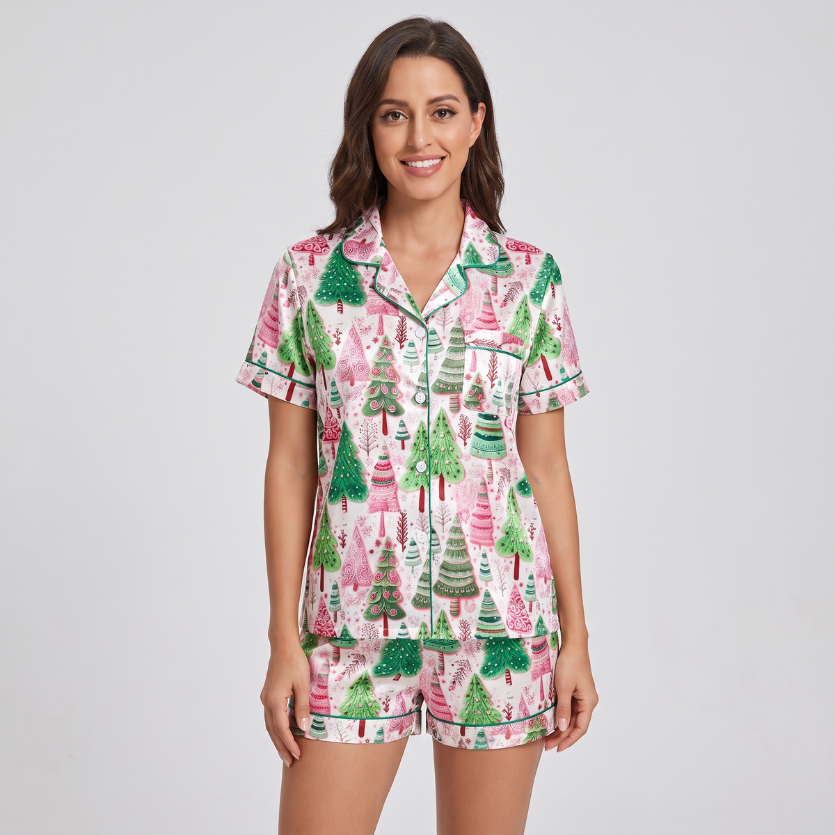 Pink & Green Christmas Forest Women's Pajama Set - Cream