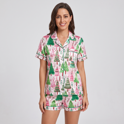 Pink & Green Christmas Forest Women's Pajama Set - Cream
