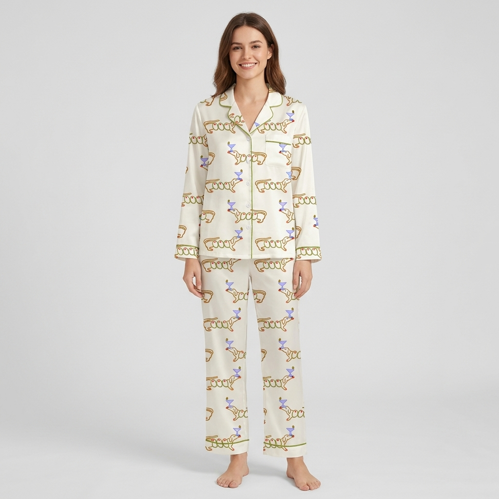 Women's satin pajama set with orange-outlined dachshunds beside lavender martini glasses on white - long sleeve and pants