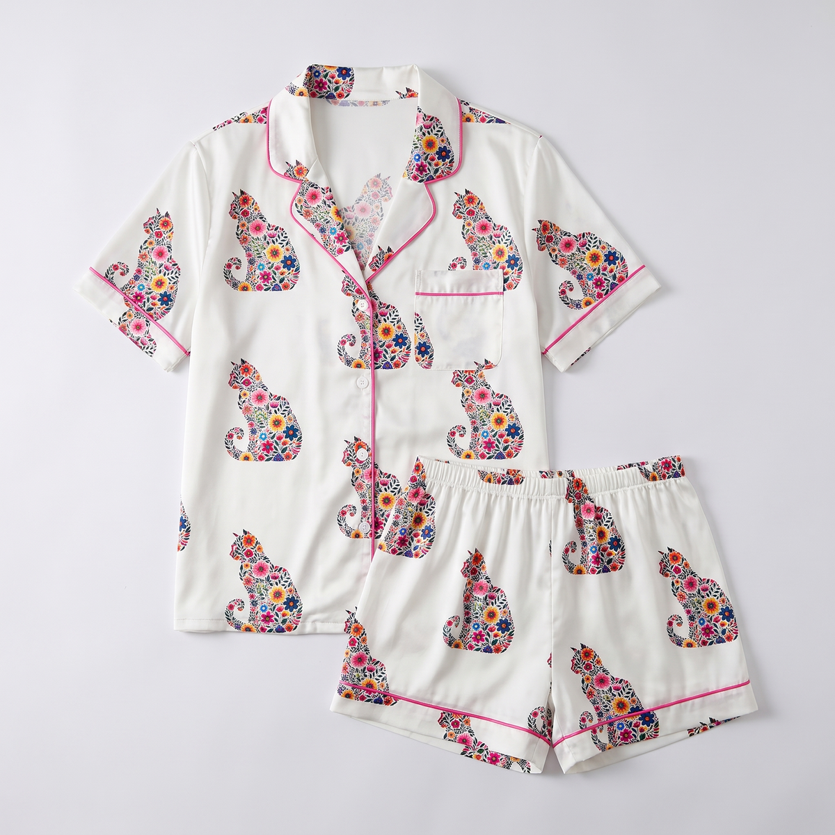 Folk Floral Cats Women's Pajama Set - flat lay