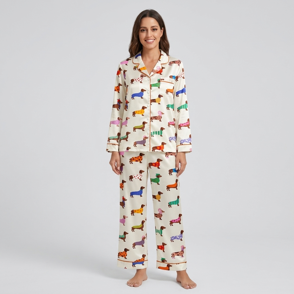 Women's satin pajama set with long dachshunds in striped and polka dot sweaters on white with orange piping - long sleeve and pants