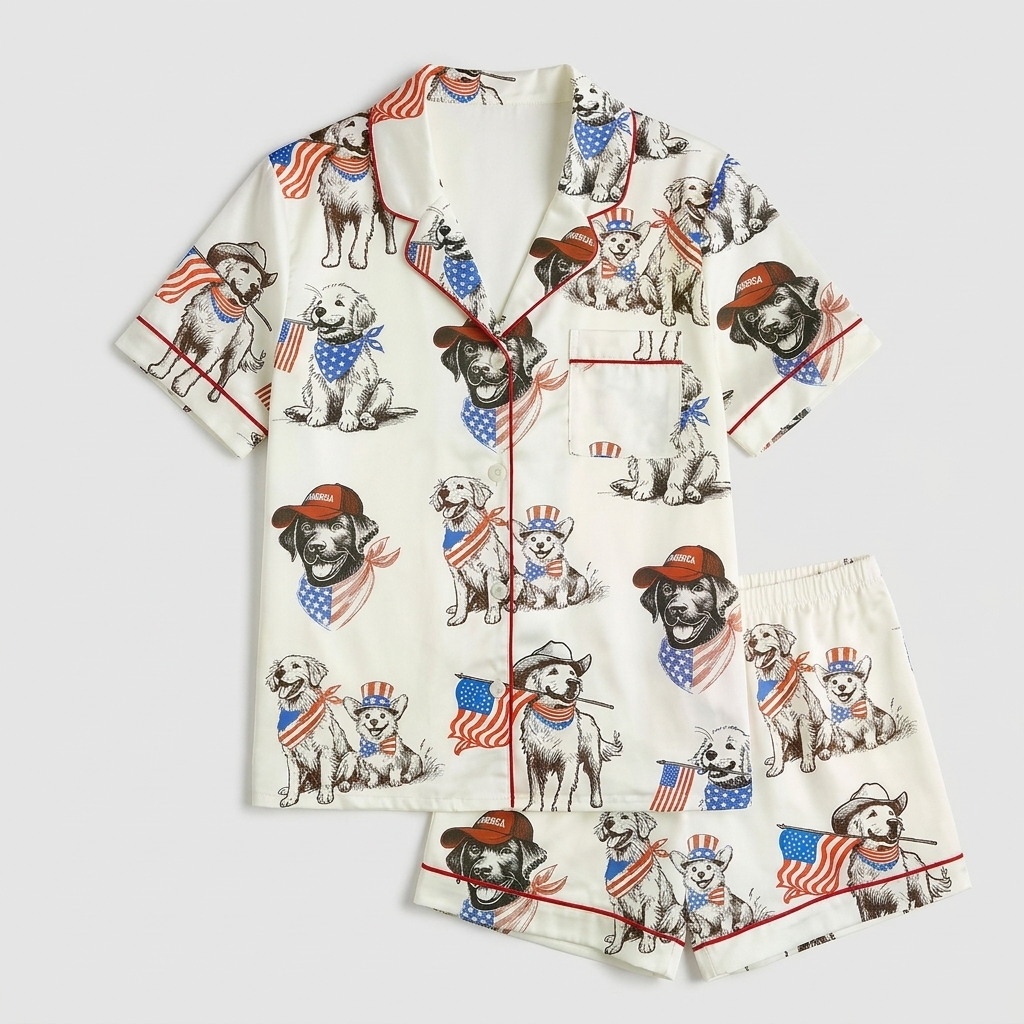 Women's satin pajama set with golden retrievers in cowboy hats with tiny American flags on white - flat lay