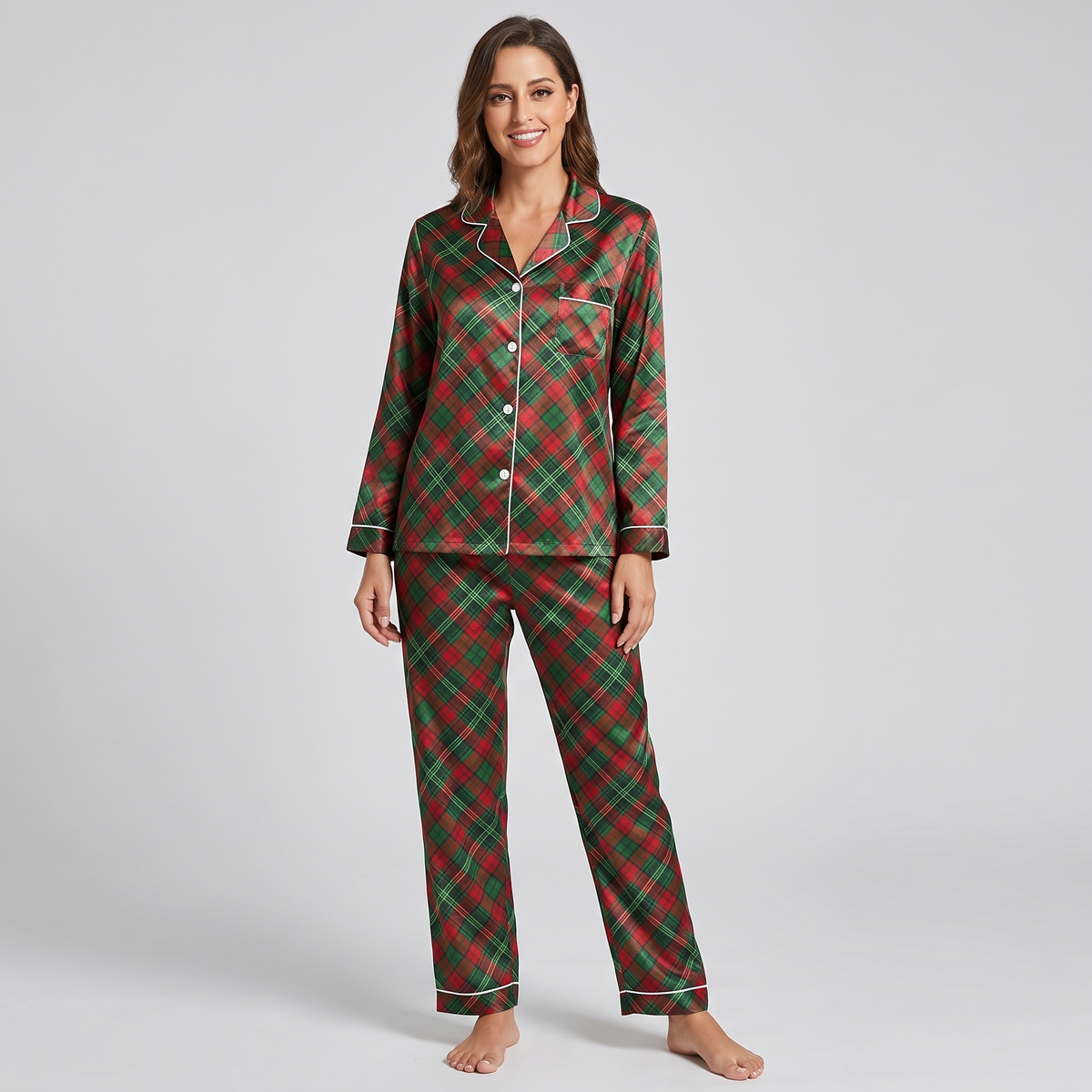 Green Tartan Christmas Women's Pajama Set - long sleeve and pants