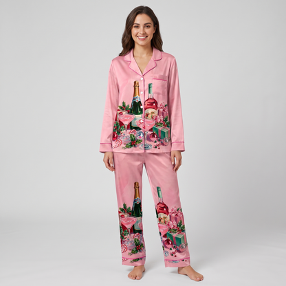 Pink Holiday Bar Cart Women's Pajama Set - long sleeve and pants
