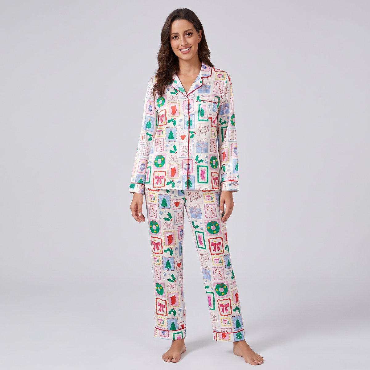 Christmas Postage Stamps Women's Pajama Set - long sleeve and pants