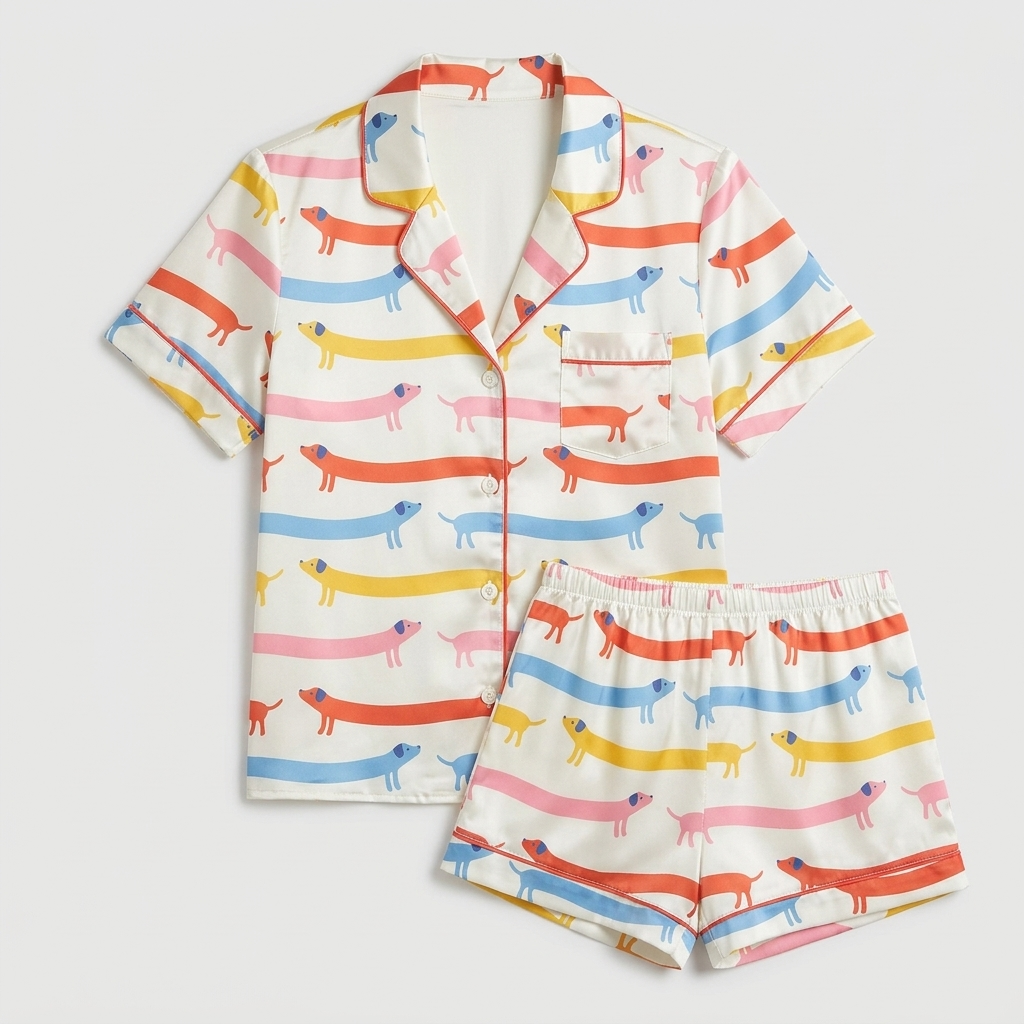 Women's satin pajama set with dachshunds in coral, yellow, sky blue and pink stripes on creamy white with pink piping - flat lay