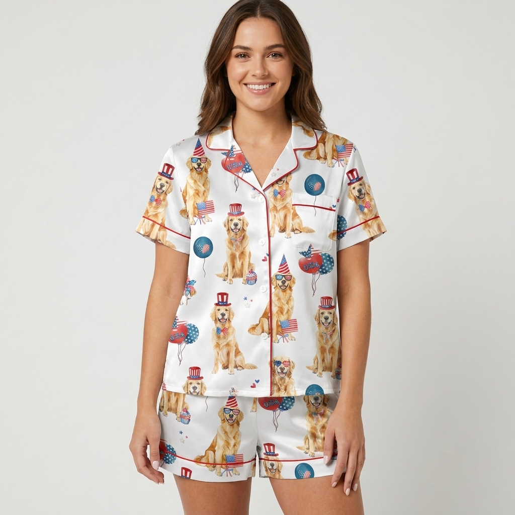 Women's satin pajama set with golden retrievers in star top hats and heart sunglasses among flags and balloons - short sleeve and shorts