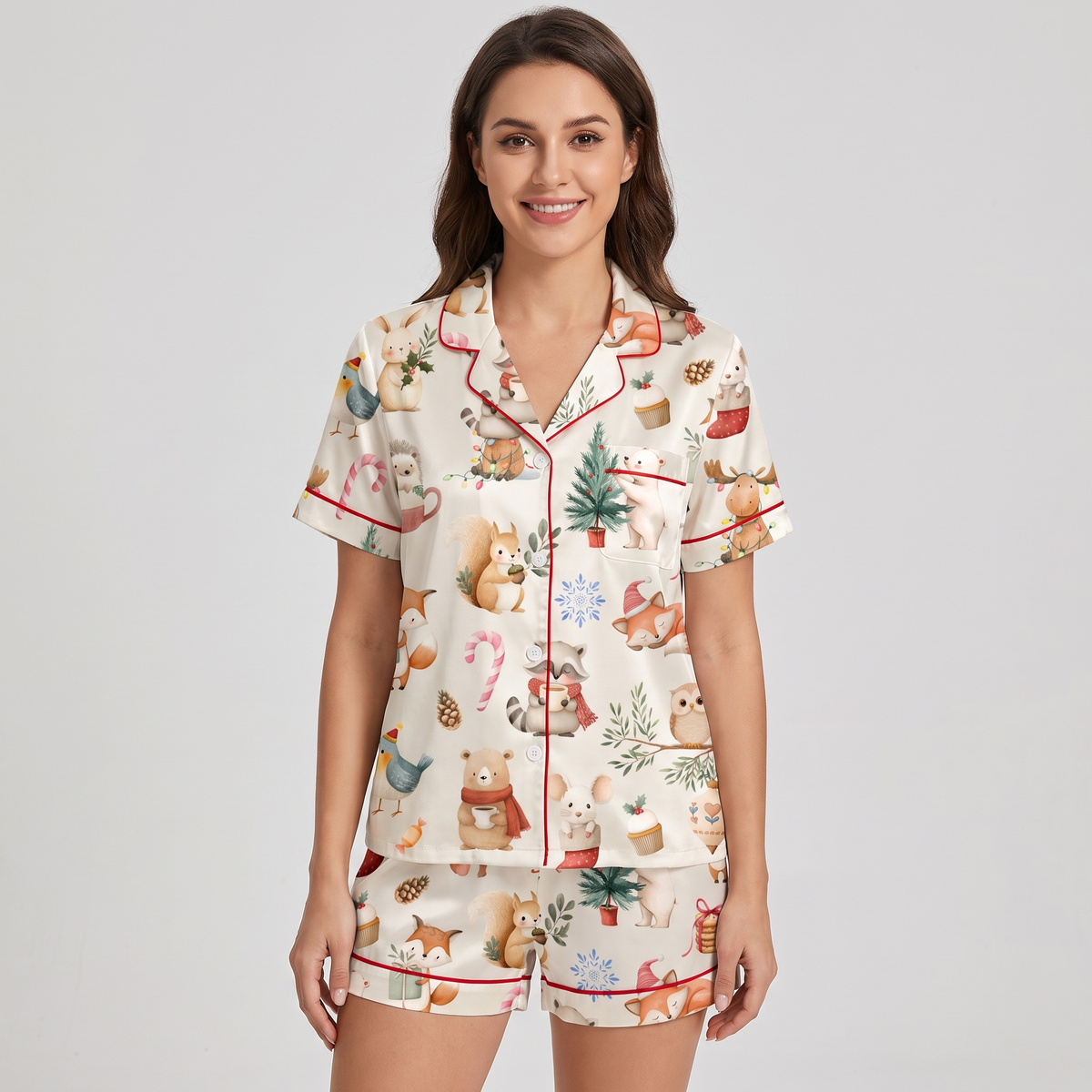 Woodland Christmas Friends Women's Pajama Set - short sleeve and shorts