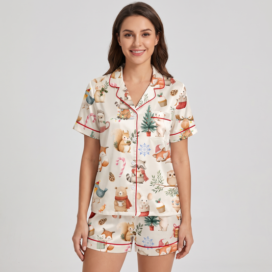 Woodland Christmas Friends Women's Pajama Set - short sleeve and shorts
