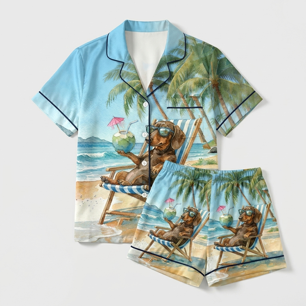 Women's satin pajama set in light blue with a dachshund in sunglasses in a striped beach chair under palms - flat lay