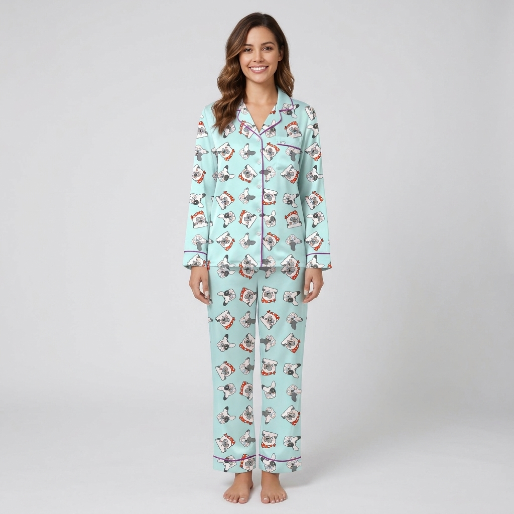 Pink French Bulldog Faces Women's Pajama Set - Blue long sleeve and pants