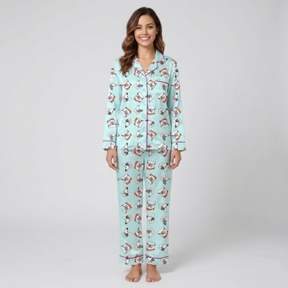 Pink French Bulldog Faces Women's Pajama Set - Blue long sleeve and pants