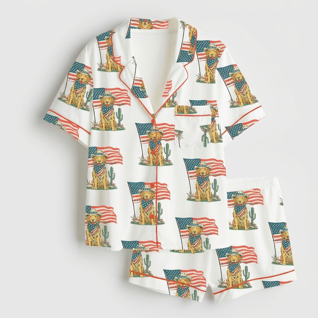 Women's satin pajama set with golden retrievers in cowboy hats and bandanas beside flags and cacti on white - flat lay