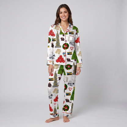 New York Icons & Wreaths Women's Pajama Set - long sleeve and pants