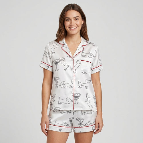 Women's satin pajama set with black outline dachshunds and martini glasses on white with red piping - short sleeve and shorts