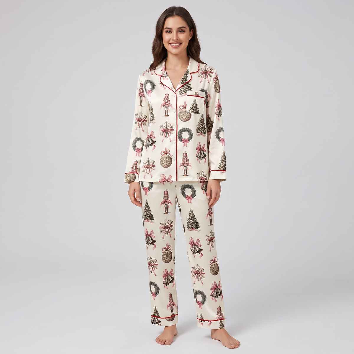 Vintage Pink Wreaths & Bells Women's Pajama Set - long sleeve and pants