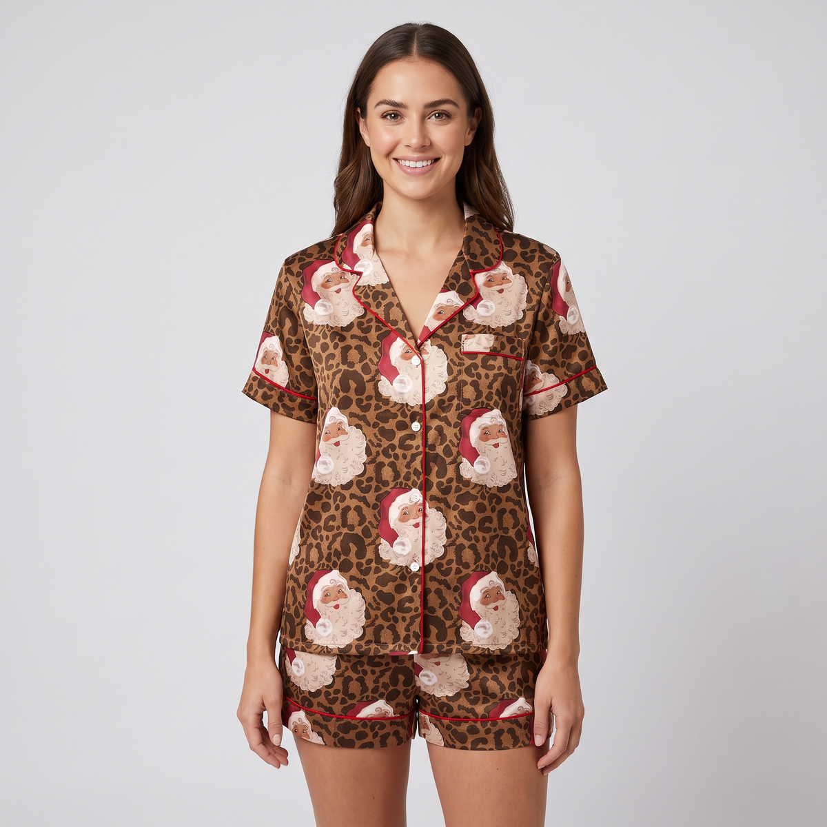 Leopard Print Santa Women's Pajama Set - short sleeve and shorts