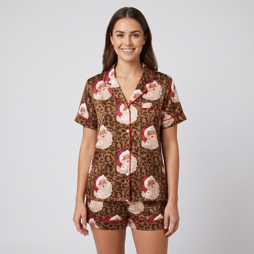 Leopard Print Santa Women's Pajama Set - short sleeve and shorts
