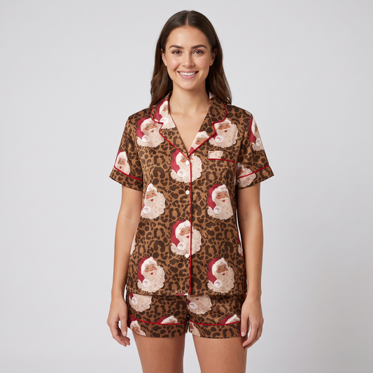 Leopard Print Santa Women's Pajama Set - short sleeve and shorts