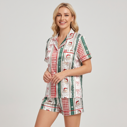 Striped Santa Check Women's Pajama Set - short sleeve and shorts