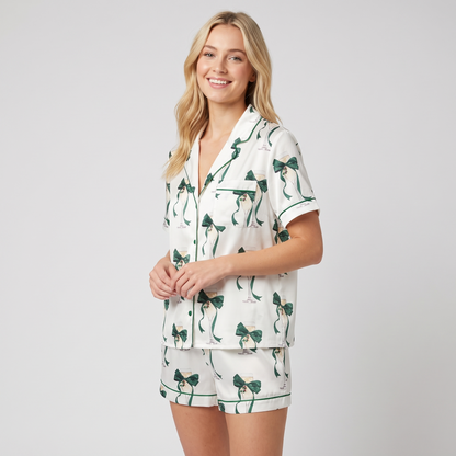 Green Bow Prosecco Party Women's Pajama Set - short sleeve and shorts