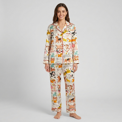 Sky Blue Dog Park Women's Pajama Set - White long sleeve and pants