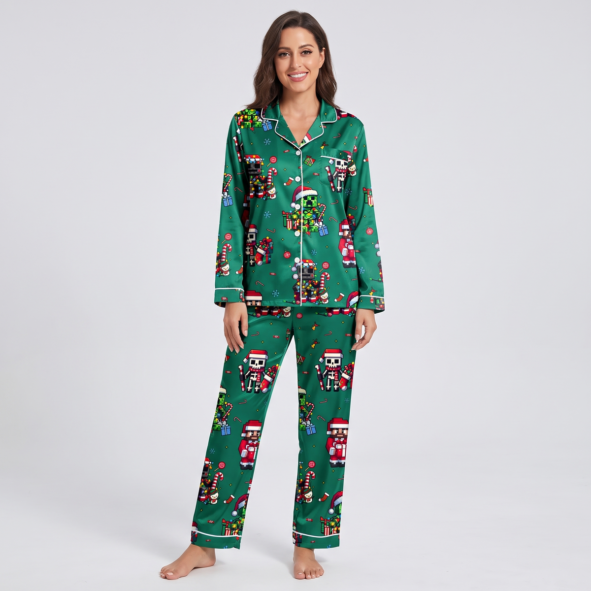 Pixel Creeper Christmas Inspired Women's Pajama Set - long sleeve and pants
