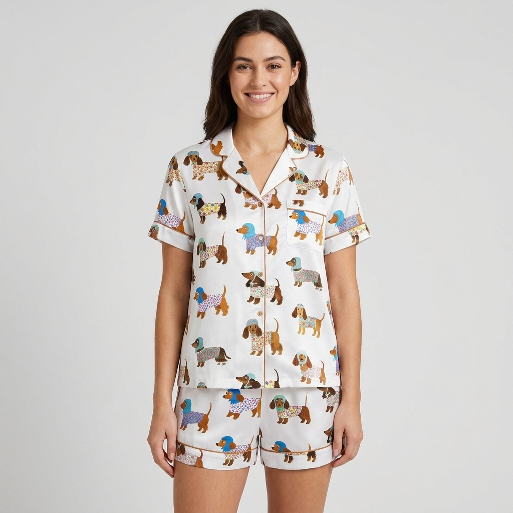 Women's long-sleeve satin pajama set with dachshund pups in flowered knits and blue bonnets on white - short sleeve and shorts