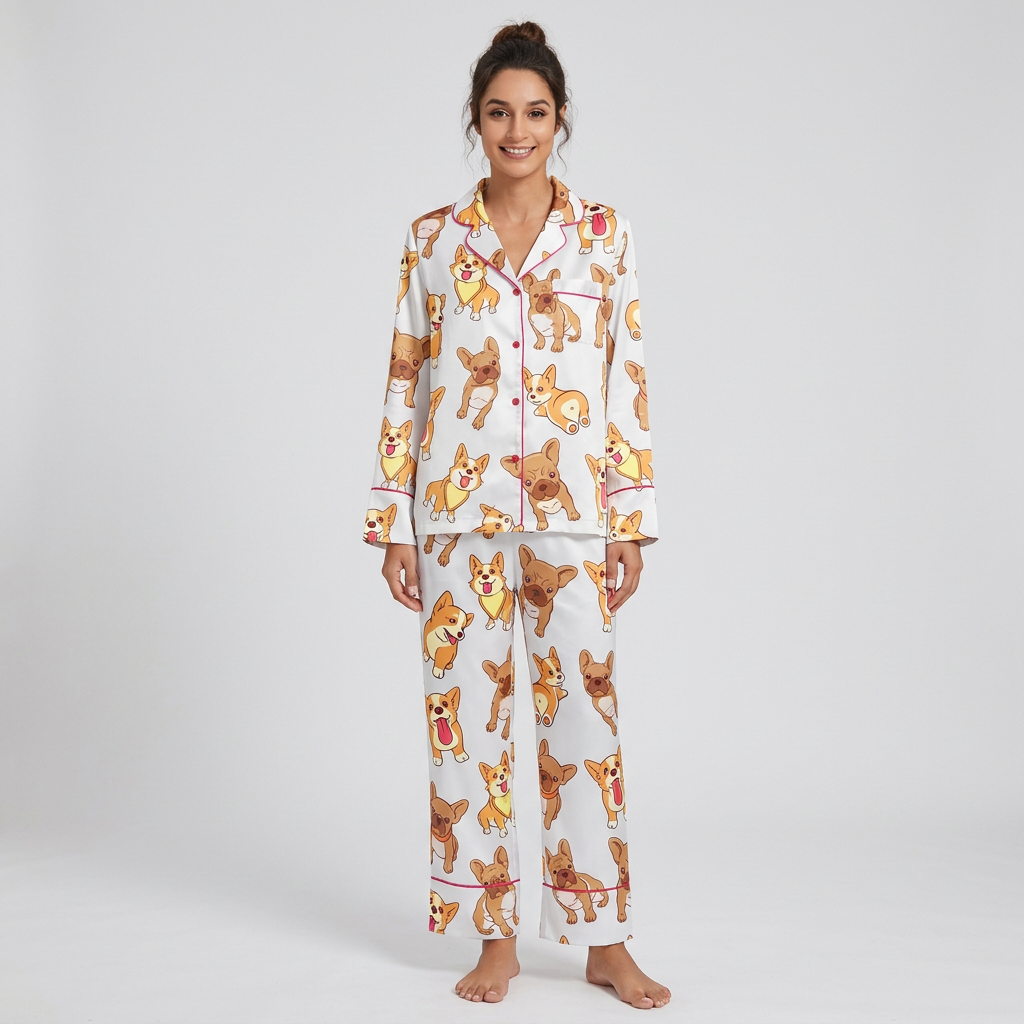 Women's satin pajama set with smiling corgis and fawn French bulldogs with tongues out on white - long sleeve and pants