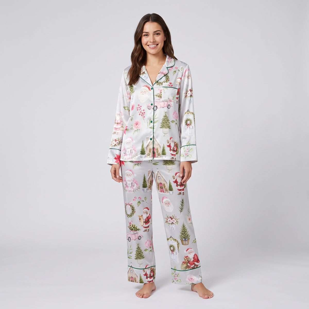 Pastel Santa & Wreaths Women's Pajama Set - long sleeve and pants