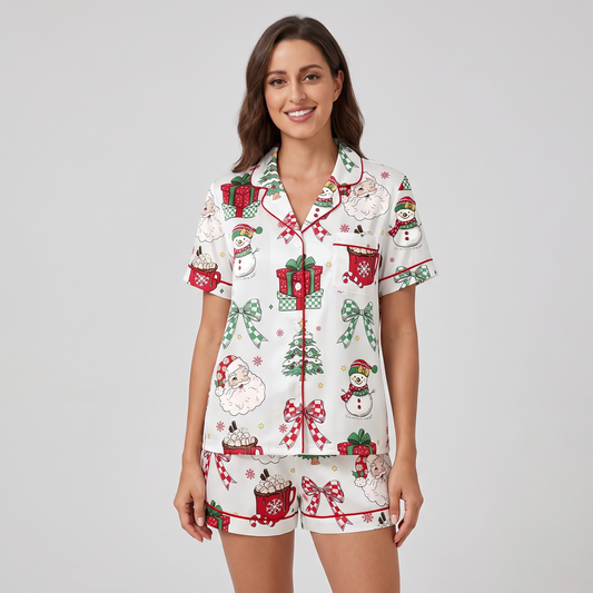 Hot Cocoa & Snowmen Coquette Women's Pajama Set - short sleeve and shorts