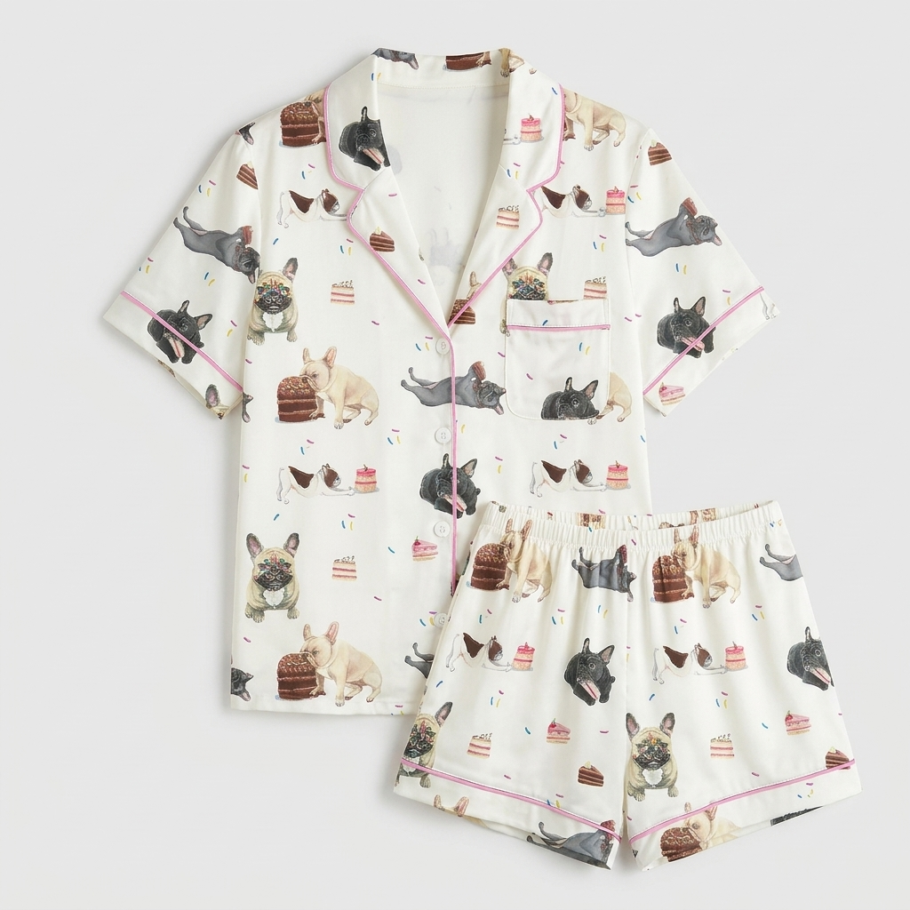 Women's satin pajama set with French bulldogs beside chocolate cake slices on white with pink piping - flat lay