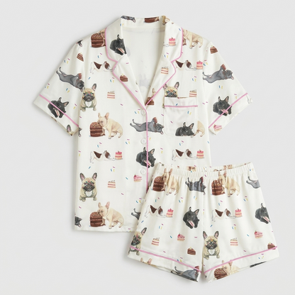 Women's satin pajama set with French bulldogs beside chocolate cake slices on white with pink piping - flat lay