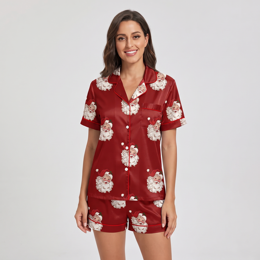 Vintage Burgundy Santa Women's Pajama Set - short sleeve and shorts