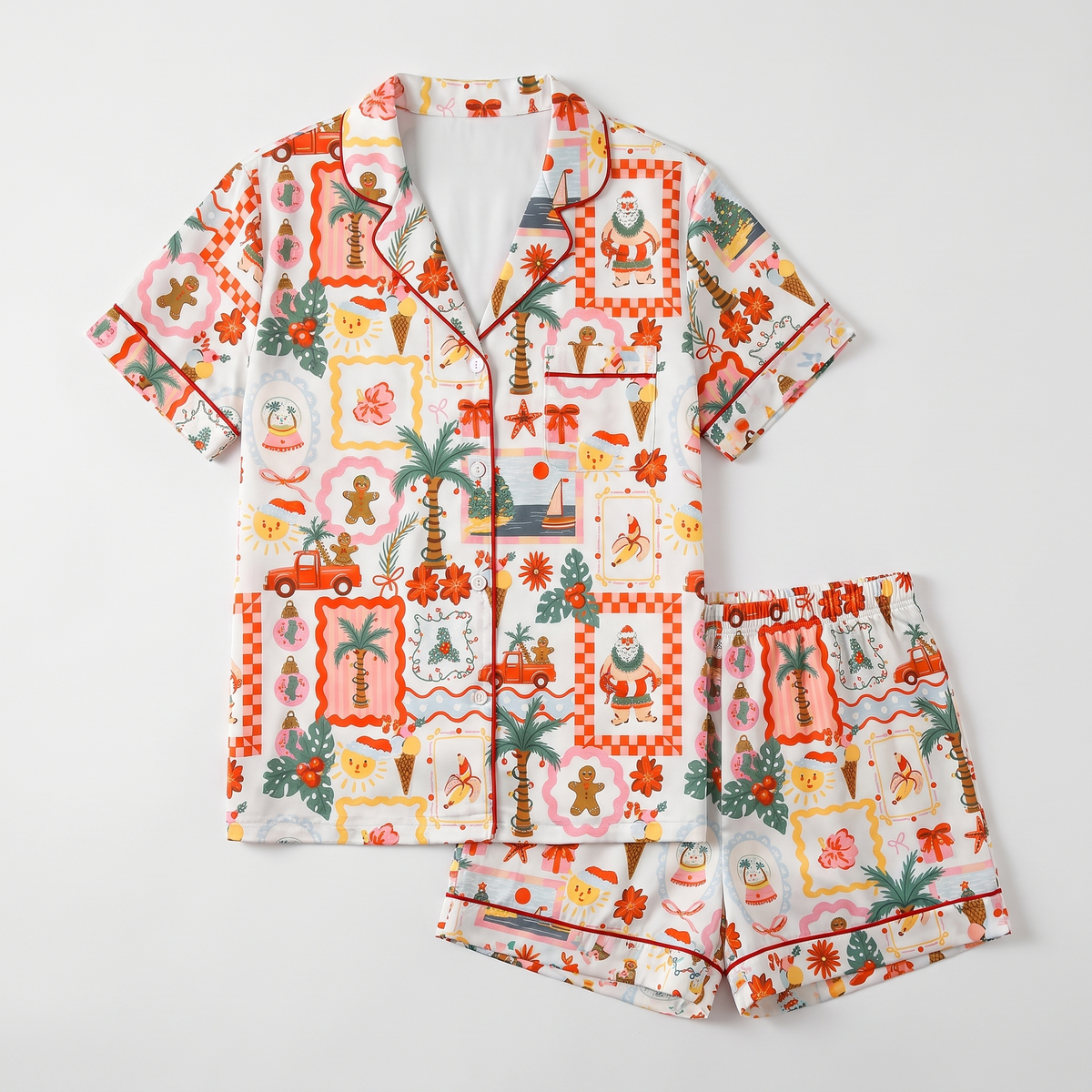 Tropical Christmas Tiles Women's Pajama Set - flat lay