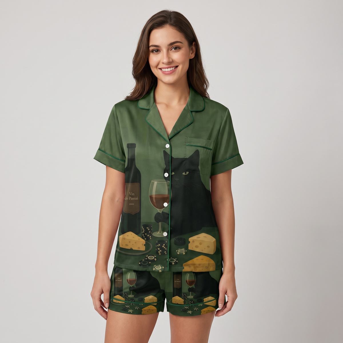 Wine and Cheese Cat Women's Pajama Set - short sleeve and shorts