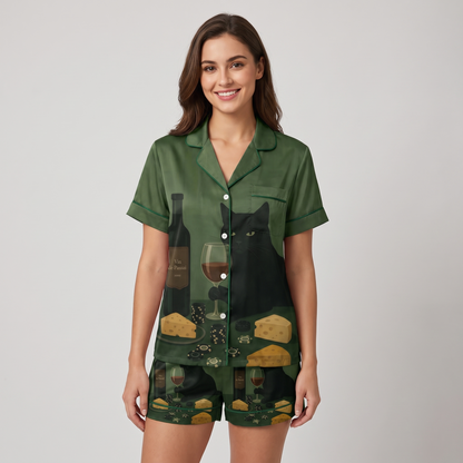 Wine and Cheese Cat Women's Pajama Set - short sleeve and shorts
