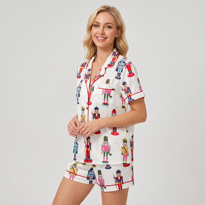 Bright Nutcracker Soldiers Women's Pajama Set - short sleeve and shorts