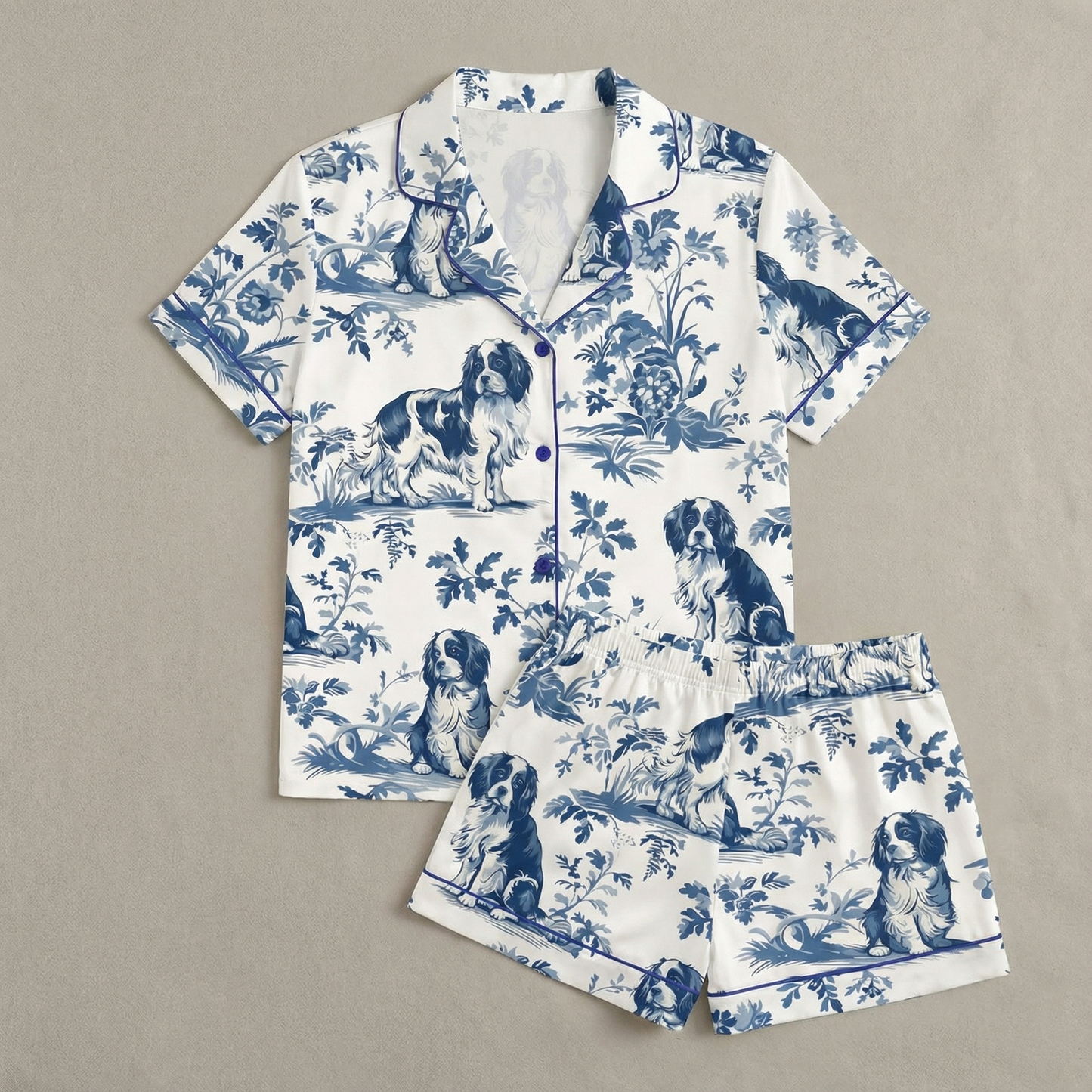 Blue Toile King Charles Cavalier Women's Pajama Set