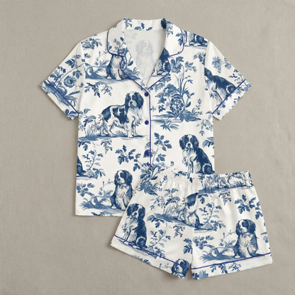 Blue Toile King Charles Cavalier Women's Pajama Set