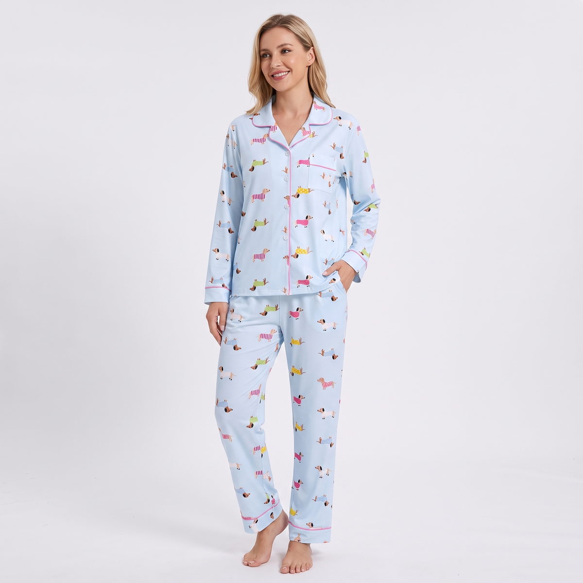 Sweater Weather Dachshunds Women's Pajama Set - Blue - long sleeve and pants