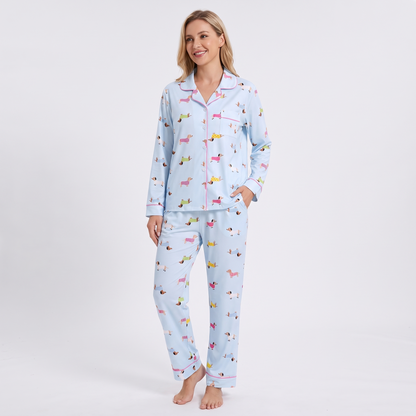 Sweater Weather Dachshunds Women's Pajama Set - Blue - long sleeve and pants
