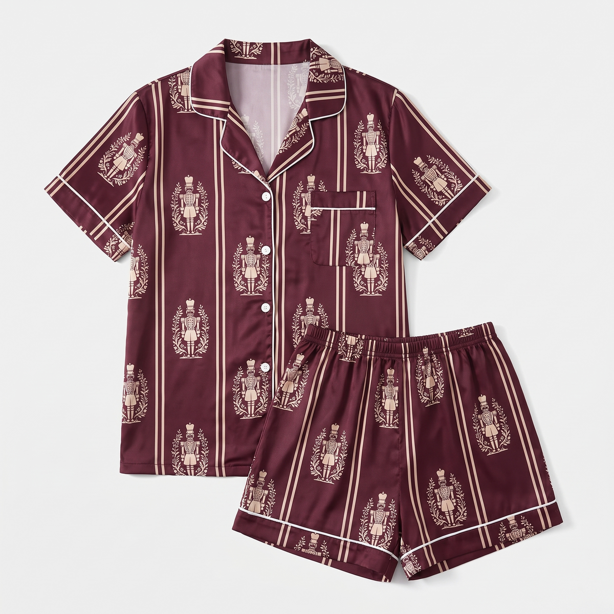 Burgundy Nutcracker Stripes Women's Pajama Set - flat lay