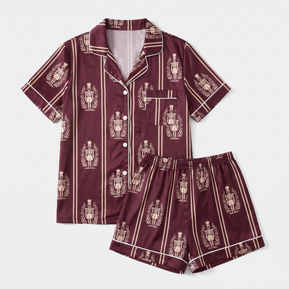 Burgundy Nutcracker Stripes Women's Pajama Set - flat lay