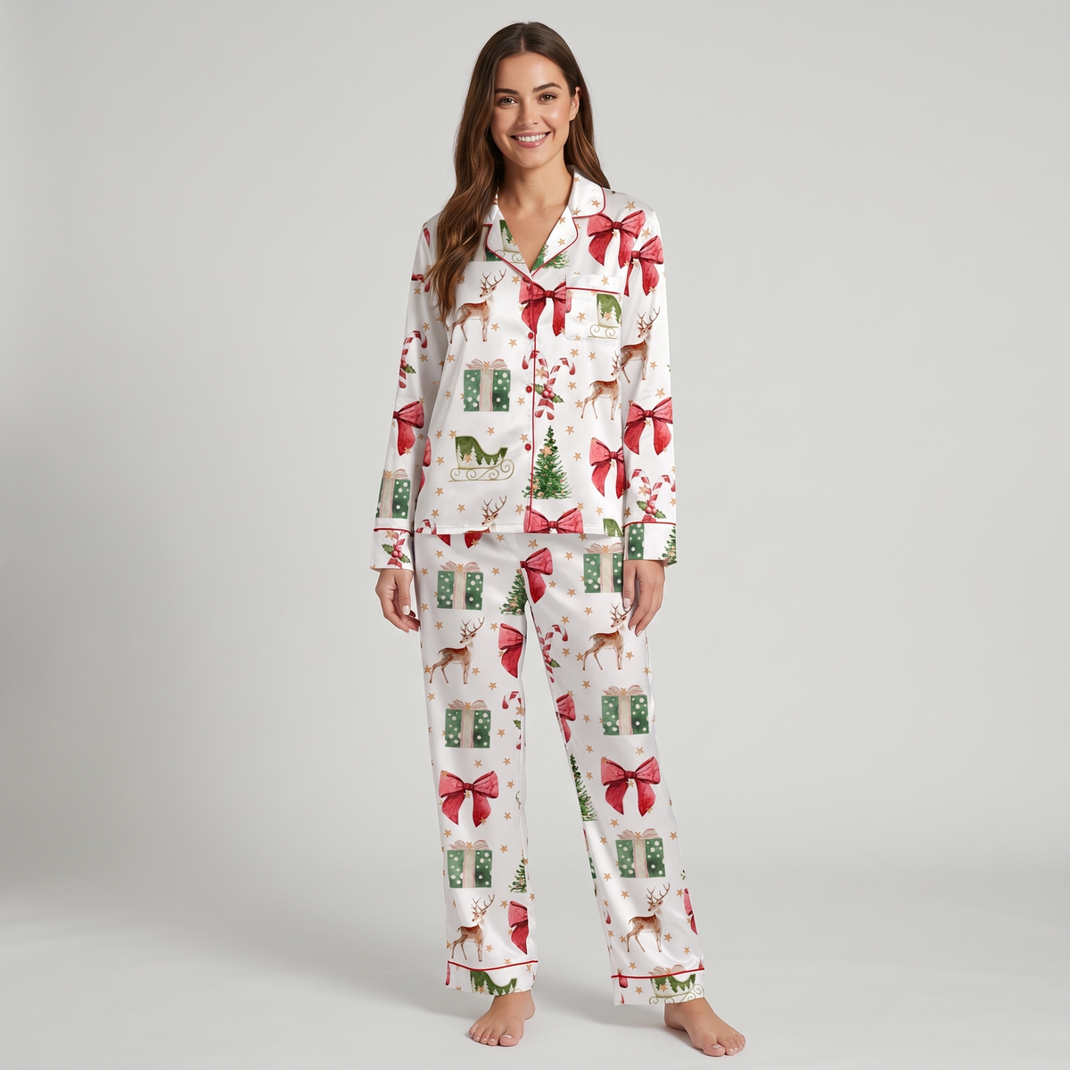Reindeer & Sleigh Coquette Women's Pajama Set - long sleeve and pants